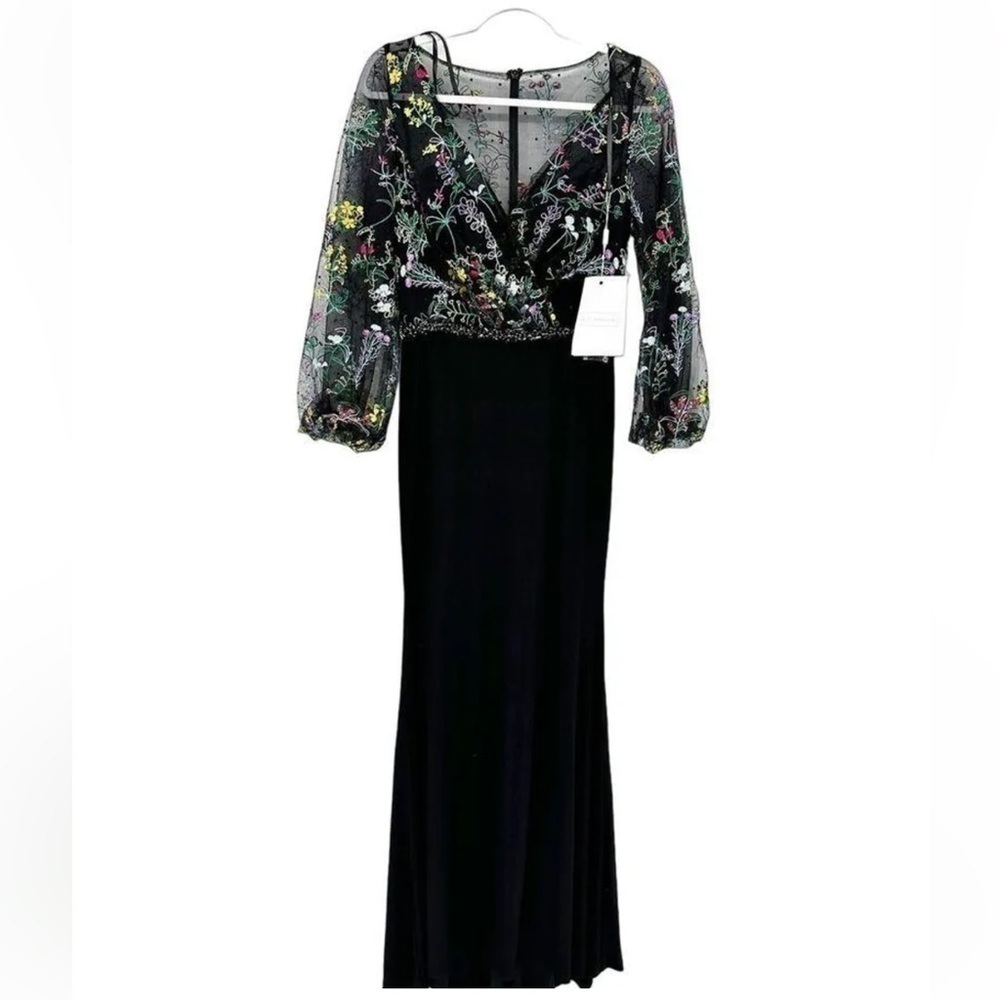 MAC DUGGAL Embroidered Illusion Puff Sleeve Column Gown - Picture 3 of 5